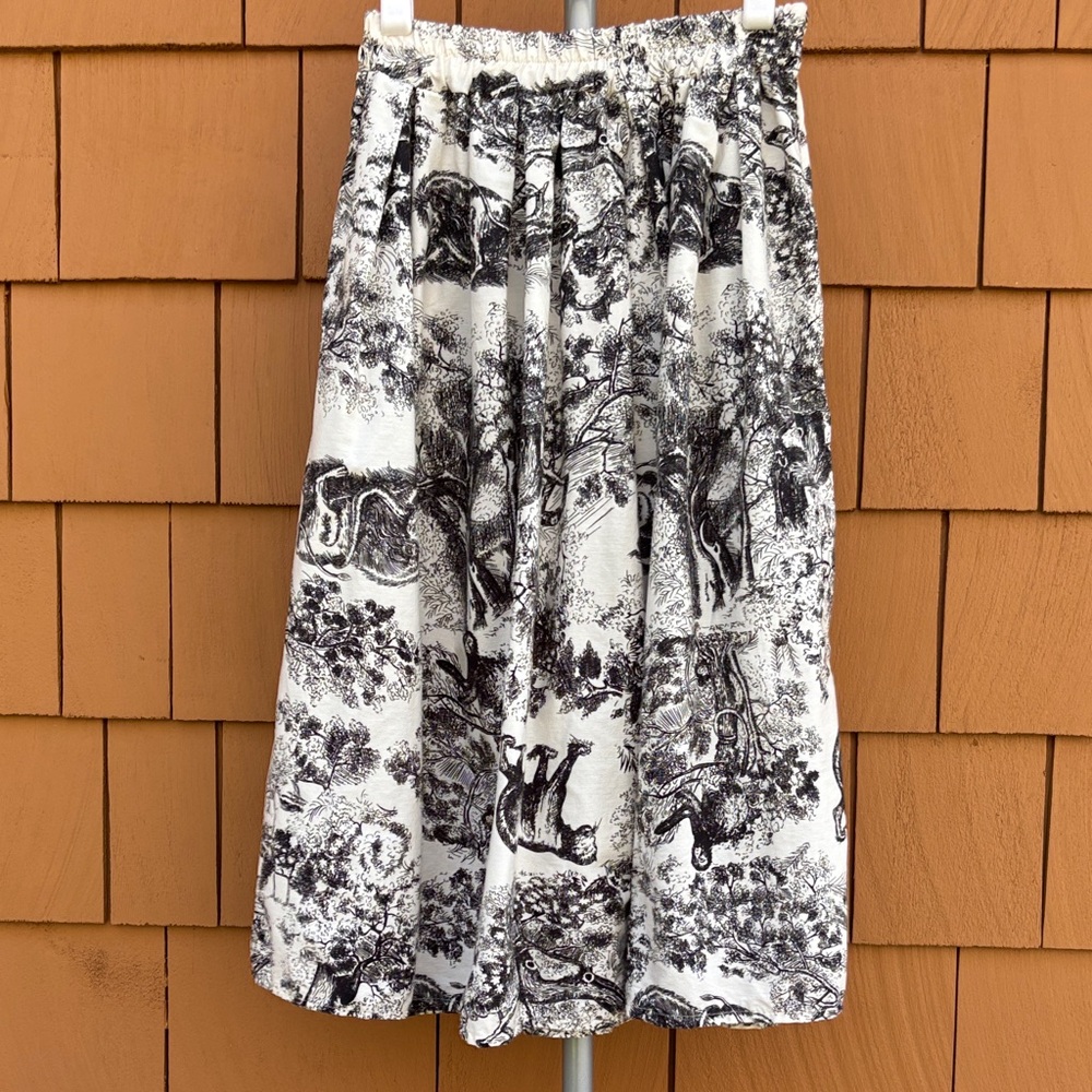 Black & White Toile de Jouy French Whimsy Elegant Romantic Midi Skirt | Size S